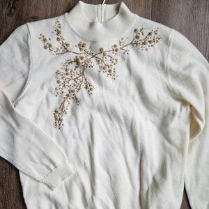 Alfred Dunner Petite Sweater PM Cream Floral Embroidered Beaded Wool Blend Mock